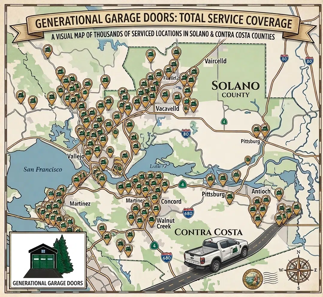 Map of Generational Garage Doors service area across Contra Costa and Solano Counties